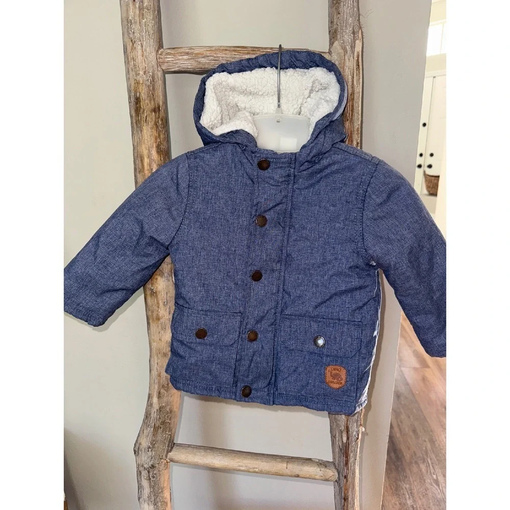 Baby Little Me Two Tone Blue Hooded Jacket Dinosaur Patch‎ size 12M